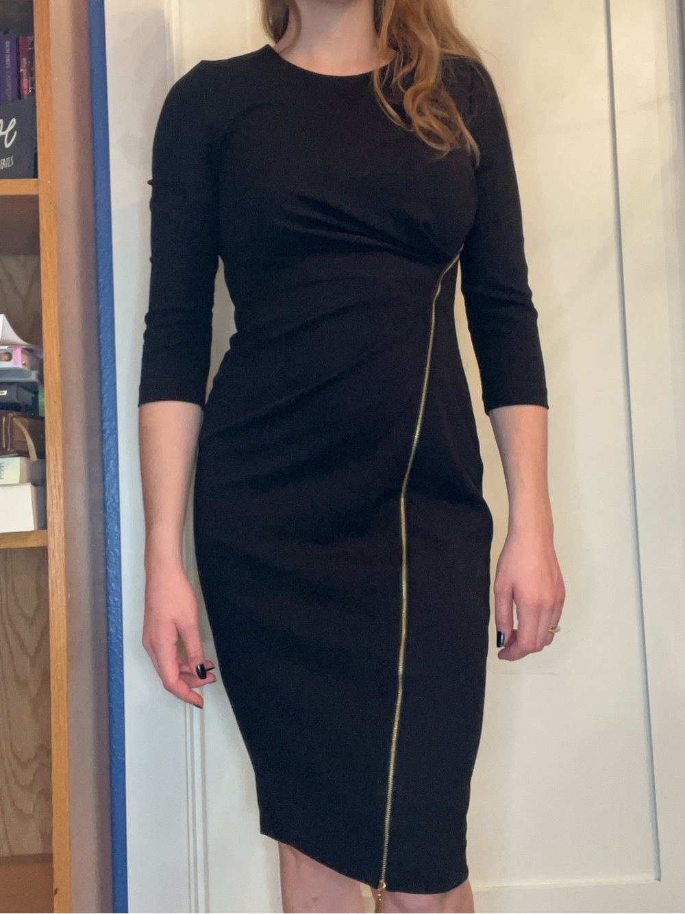 Calvin Klein Black Midi Sheath Dress with Gold Zip